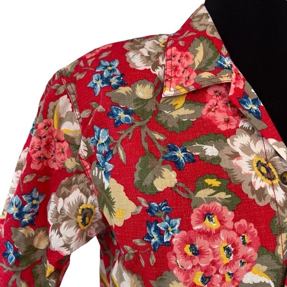 Vintage LizWear Petite red Hawaiian button down shirt short sleeve SP cotton - Picture 3 of 13